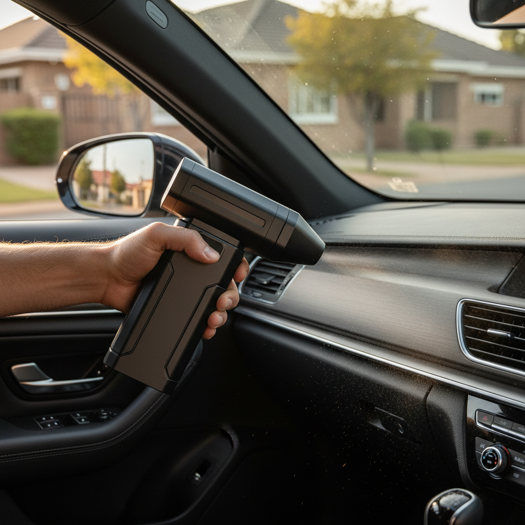 ClearBurst cordless air duster being used to clean a car dashboard interior