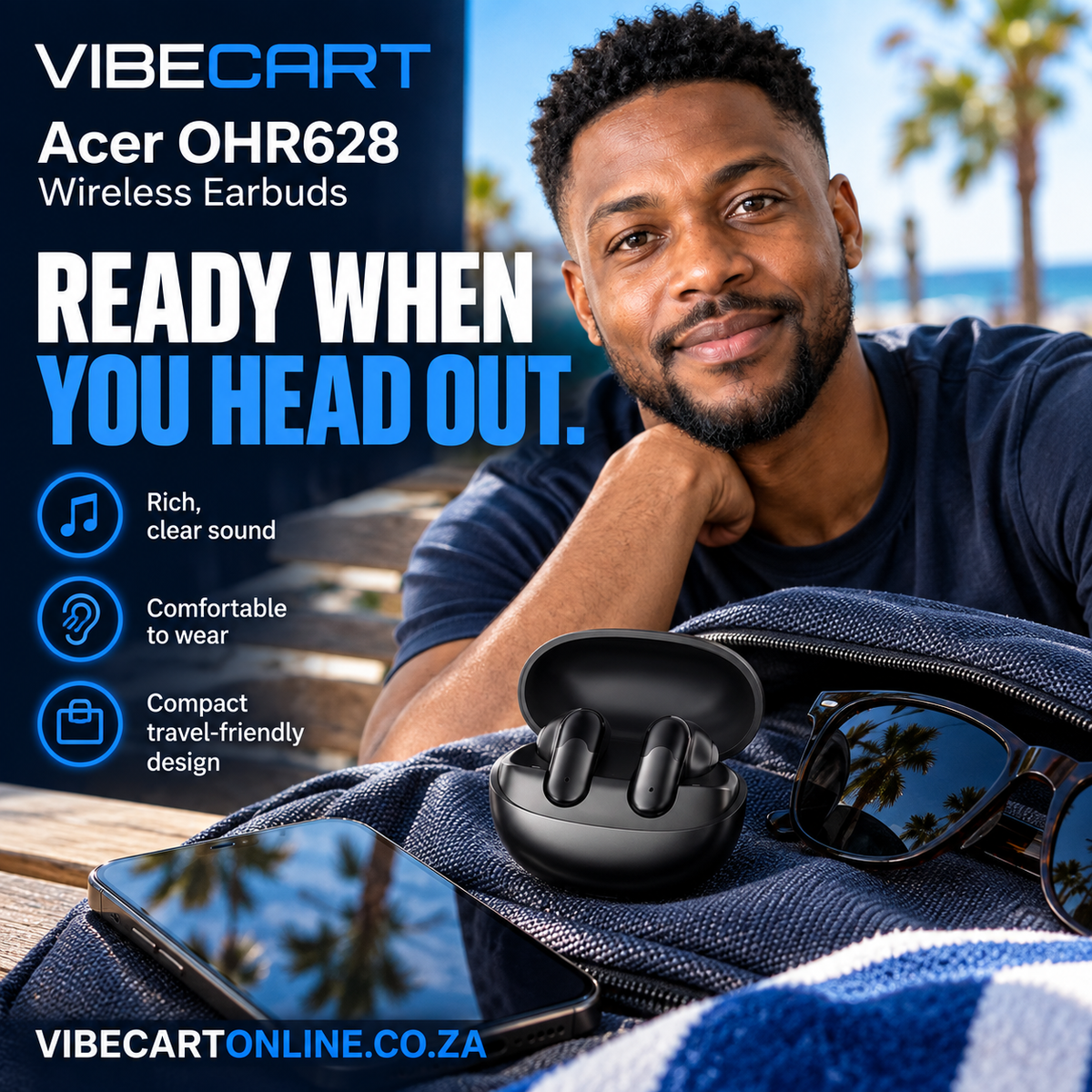 Thabo with compact earbuds for a summer outing