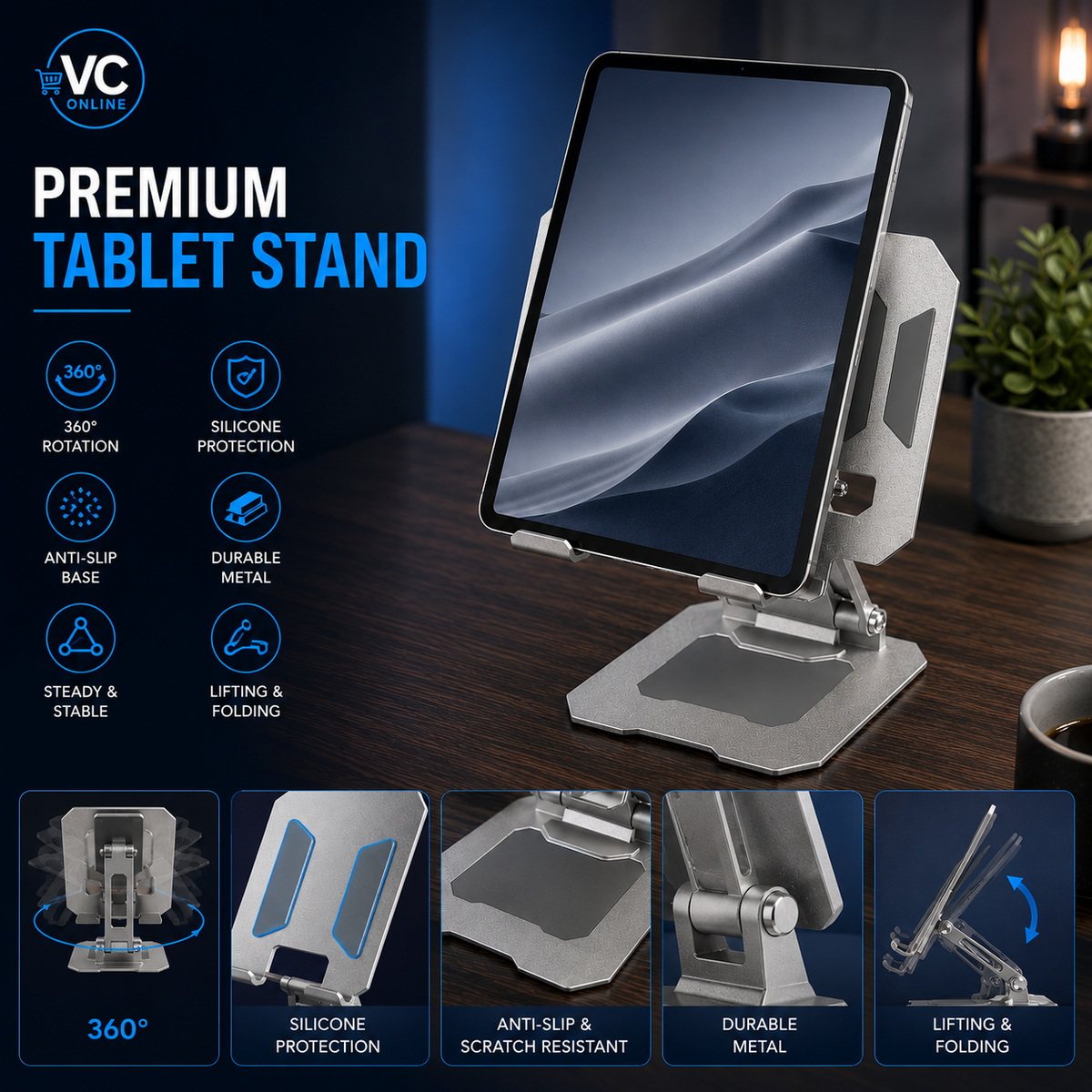VibeCart 360° Rotating Foldable Tablet & Phone Stand – Silver