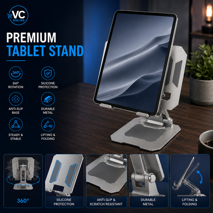 VibeCart 360° Rotating Foldable Tablet & Phone Stand – Silver