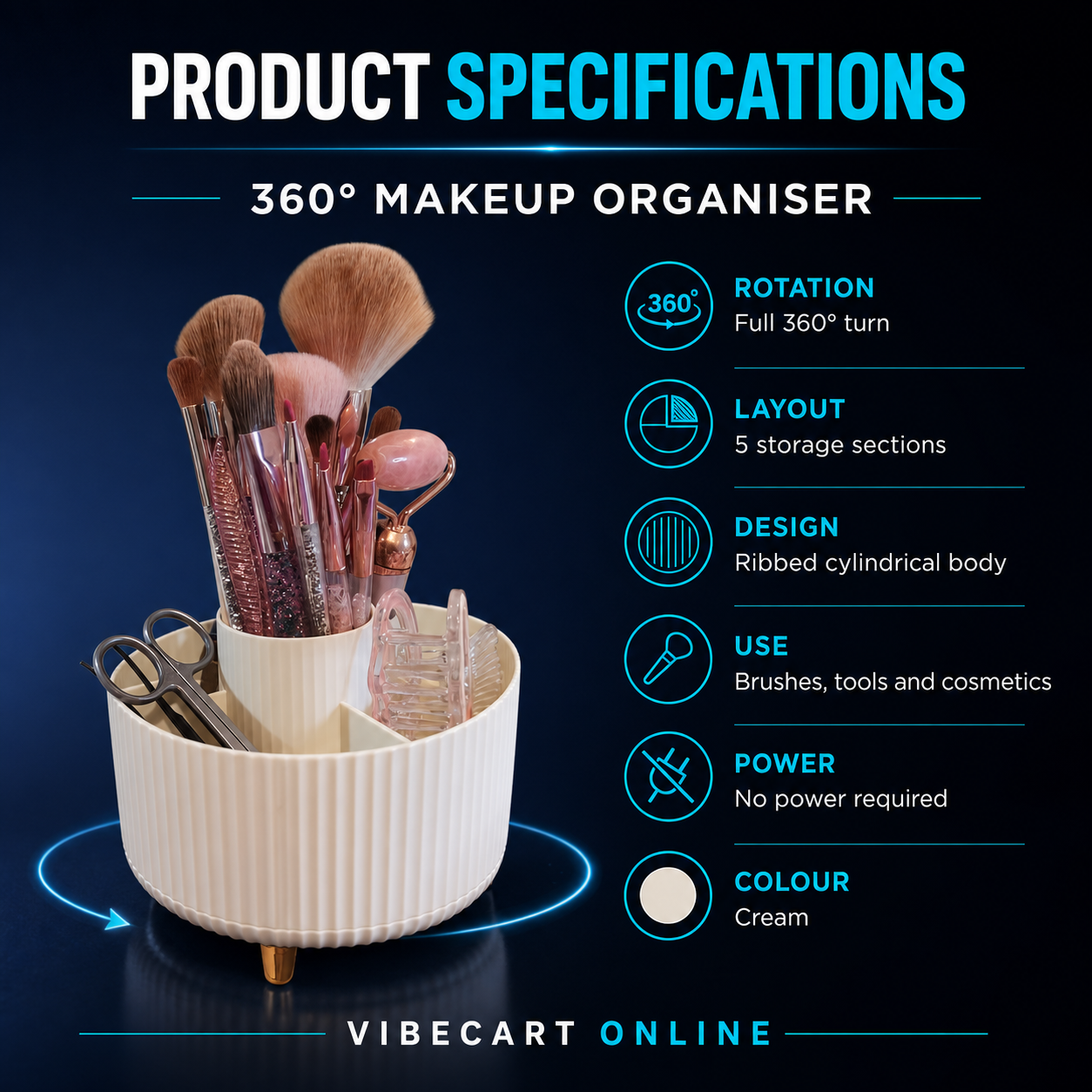 360° Rotating 5-Compartment Makeup Organiser