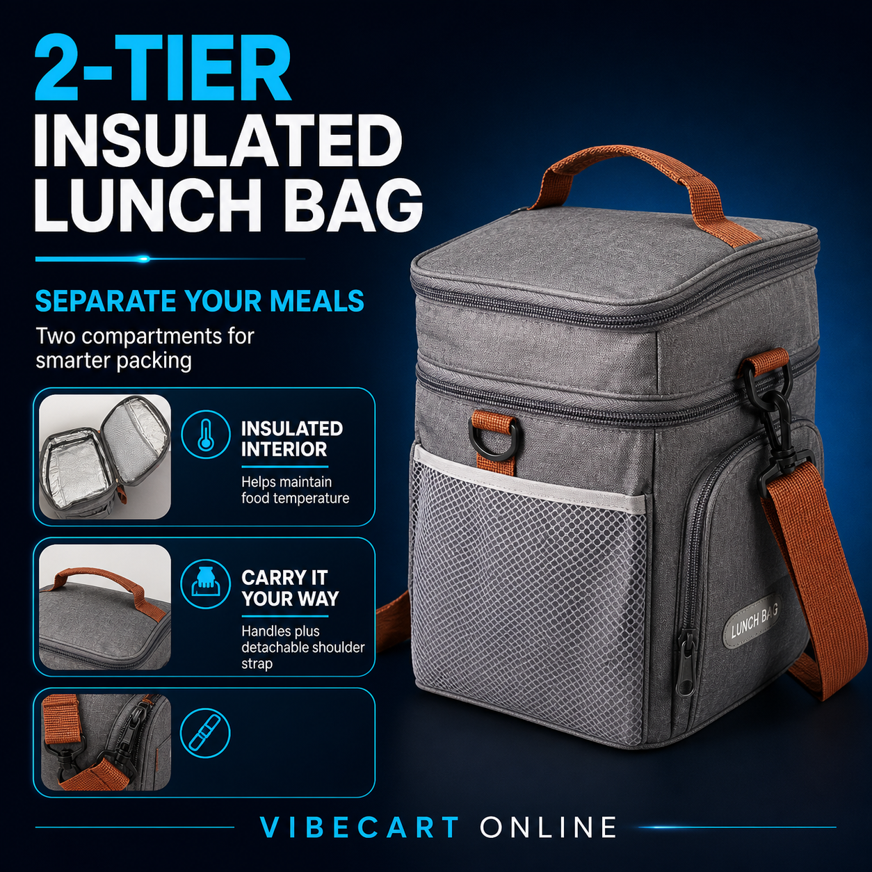 Two-Tier Insulated Lunch Bag with Shoulder Strap