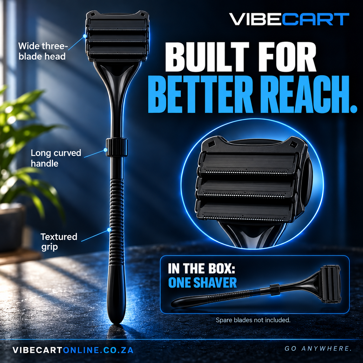 Three-blade head, long curved handle and textured grip on one included shaver
