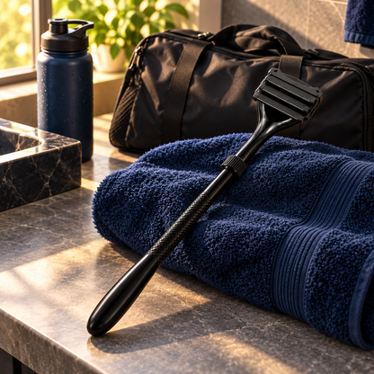 Back shaver on a navy towel beside a gym bag, styling props not included