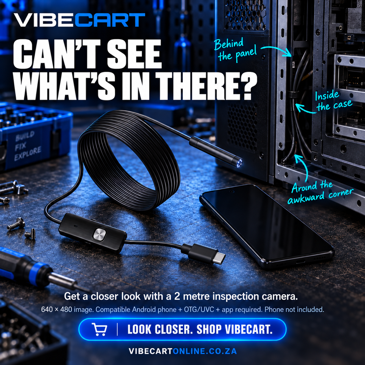 Annotated inspection camera use cases for hard-to-see PC case gaps; phone not included