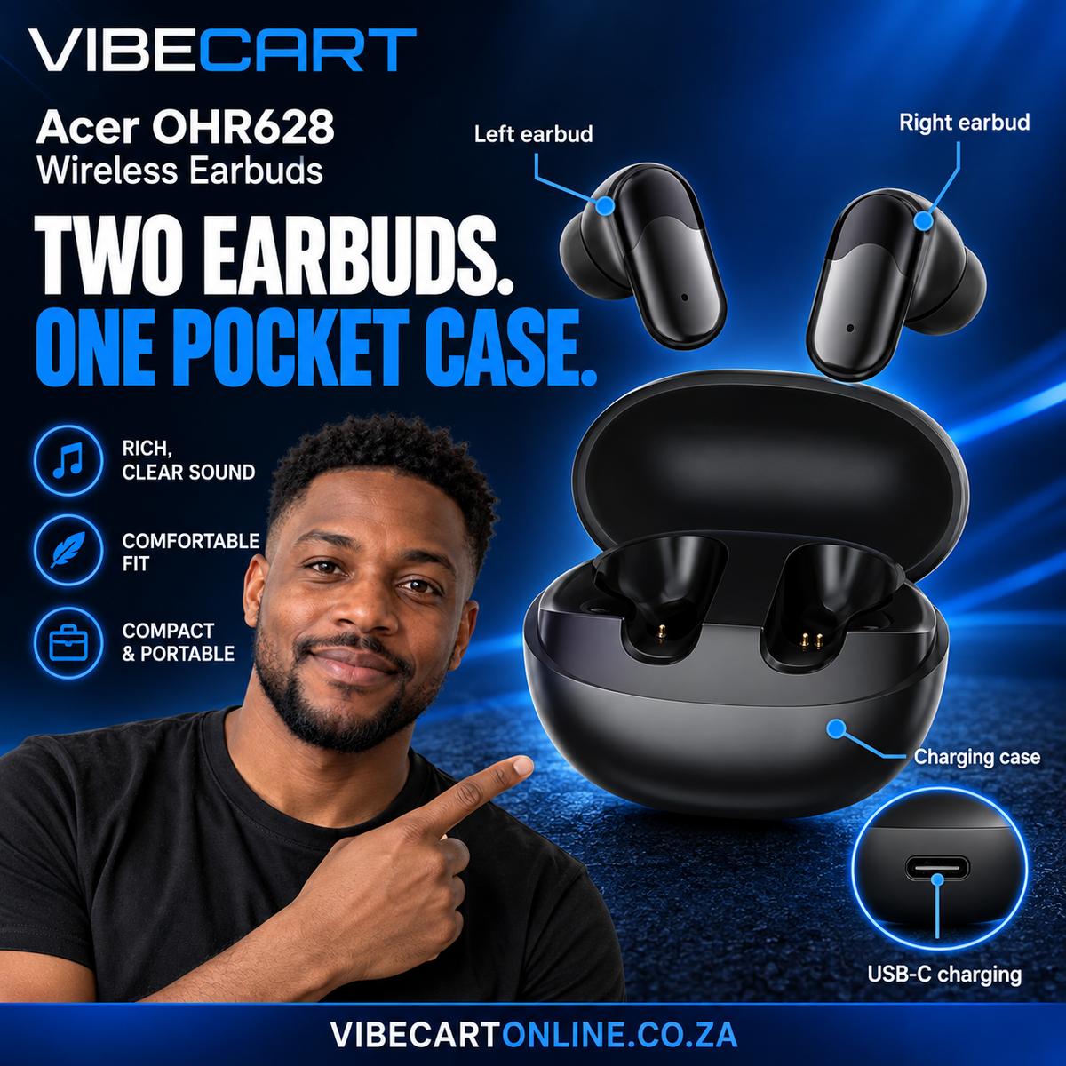Two earbuds and charging case component layout