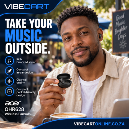 Thabo using one earbud with the second stored in the case