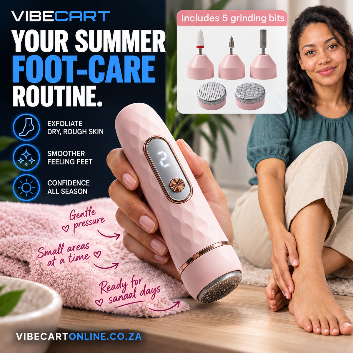 Handwritten summer sandal routine with pink foot-care tool