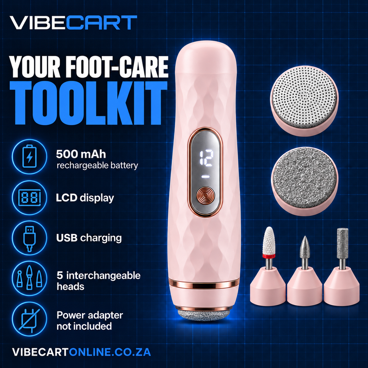 Foot-care kit battery display charging and accessory specifications