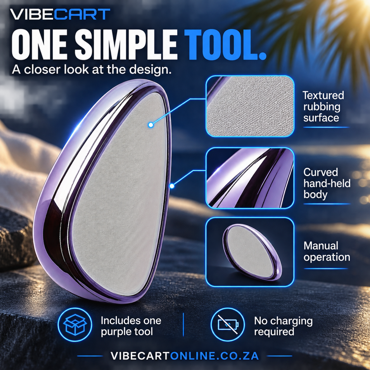 Purple body hair-removal tool with annotated textured face and grip