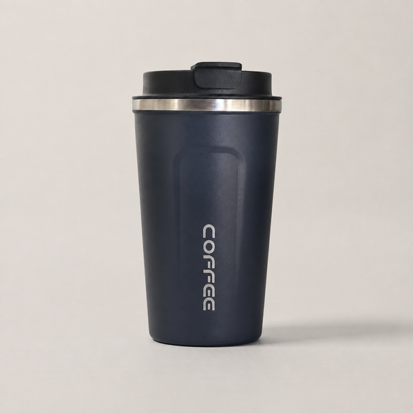 Navy stainless steel insulated travel mug hero image