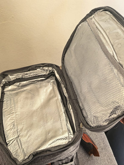 Upper insulated compartment and mesh pocket in the lunch bag