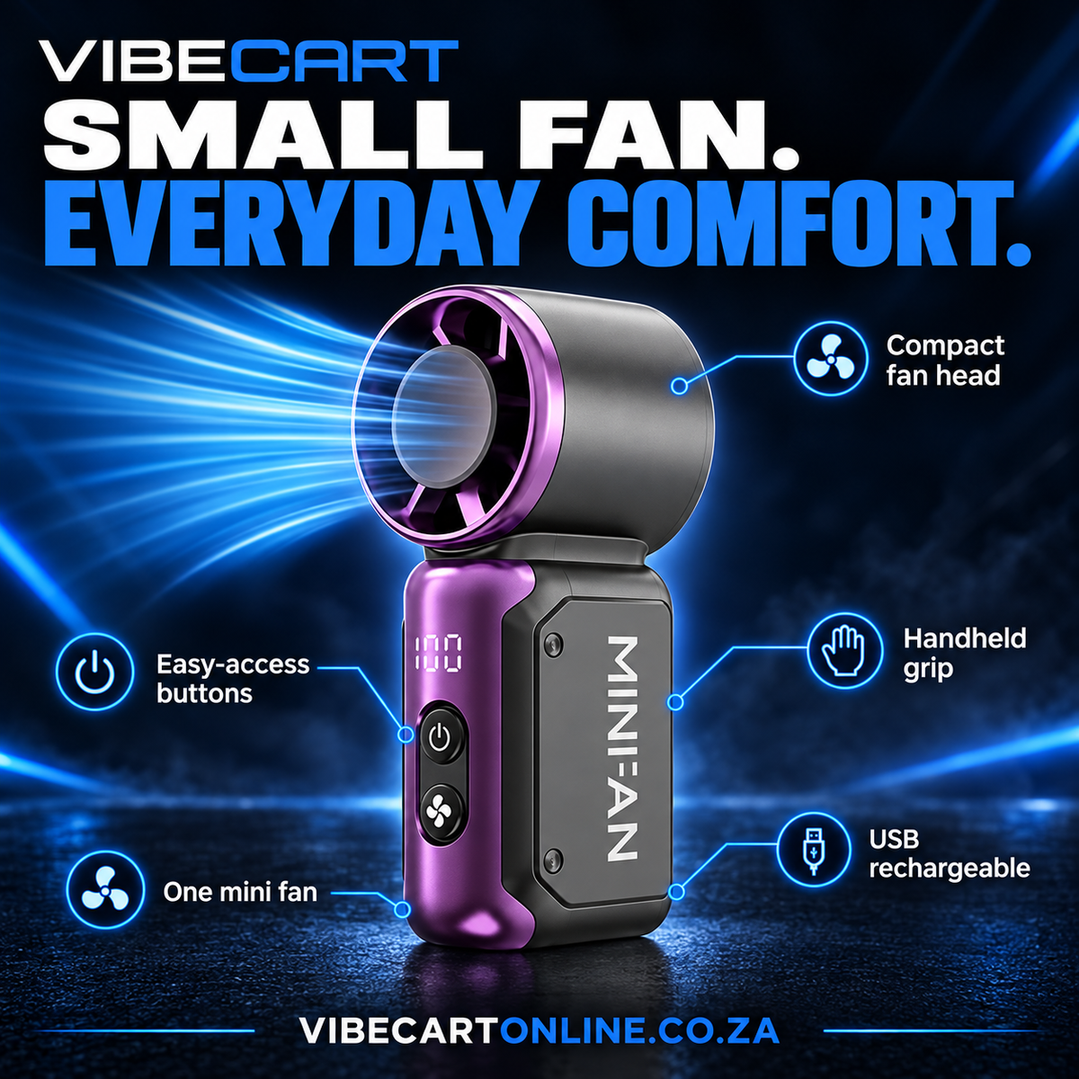 Compact fan exterior features and handheld grip