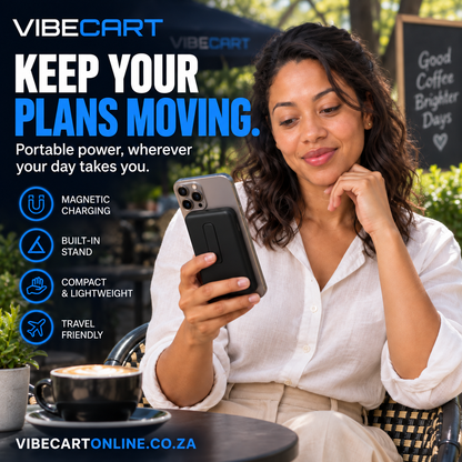 Mia using a compatible phone with magnetic power bank attached