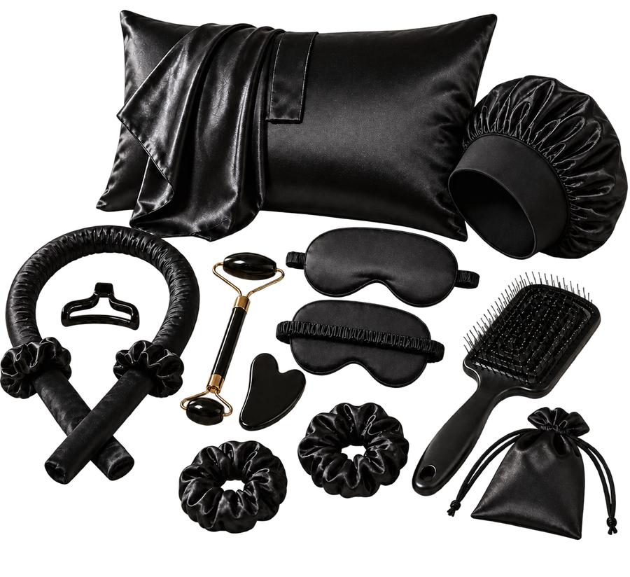 Black satin VibeCart overnight hair and self-care kit