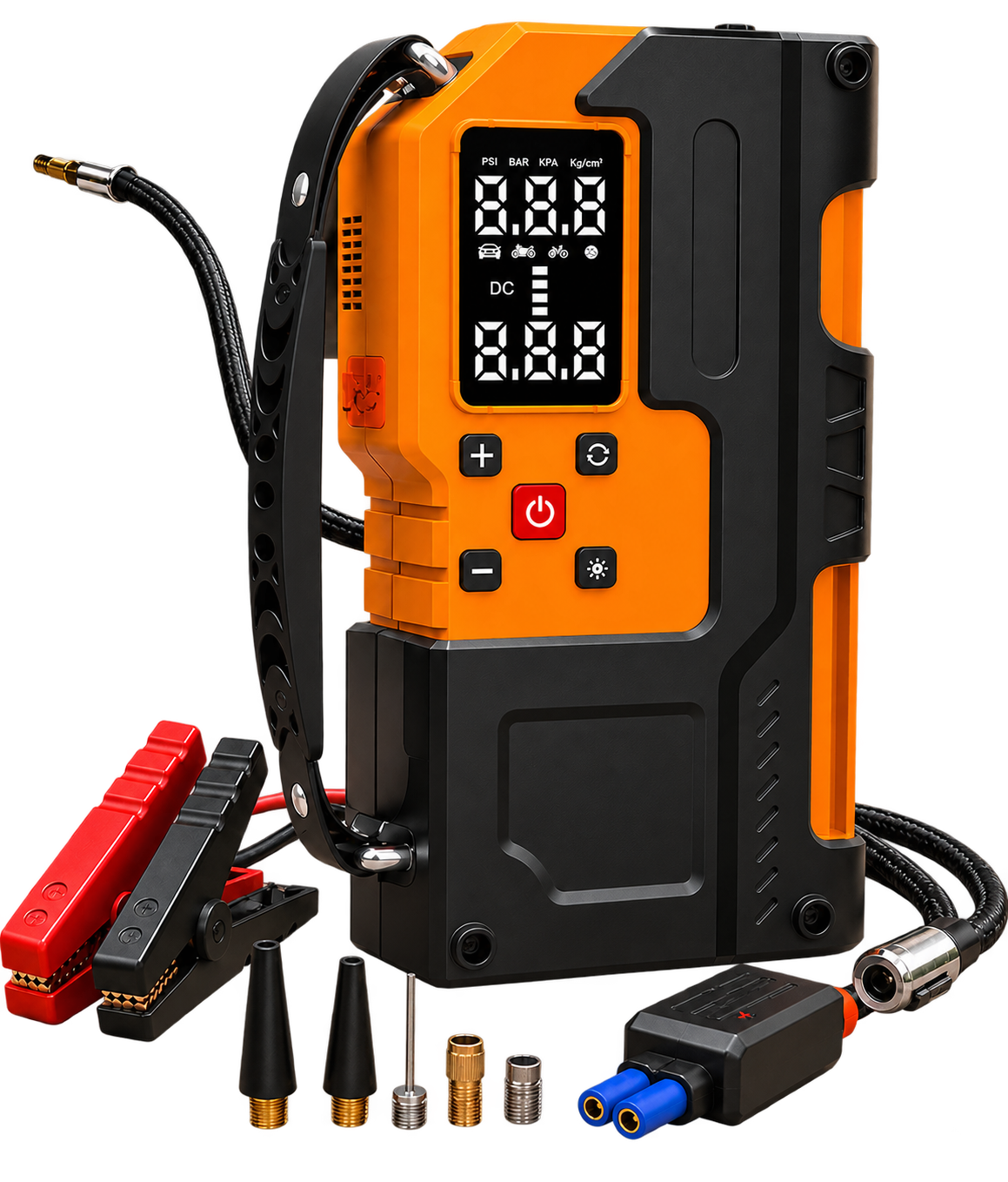 Orange and black VibeCart jump starter and tyre inflator with its accessories