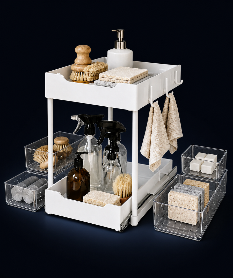 White two-tier VibeCart under-sink organiser with clear storage bins