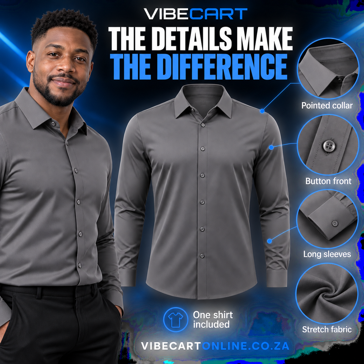 Grey shirt collar, buttons, cuffs and stretch fabric details