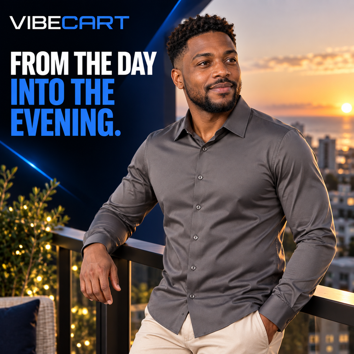 Thabo wearing a grey shirt on a balcony at sunset