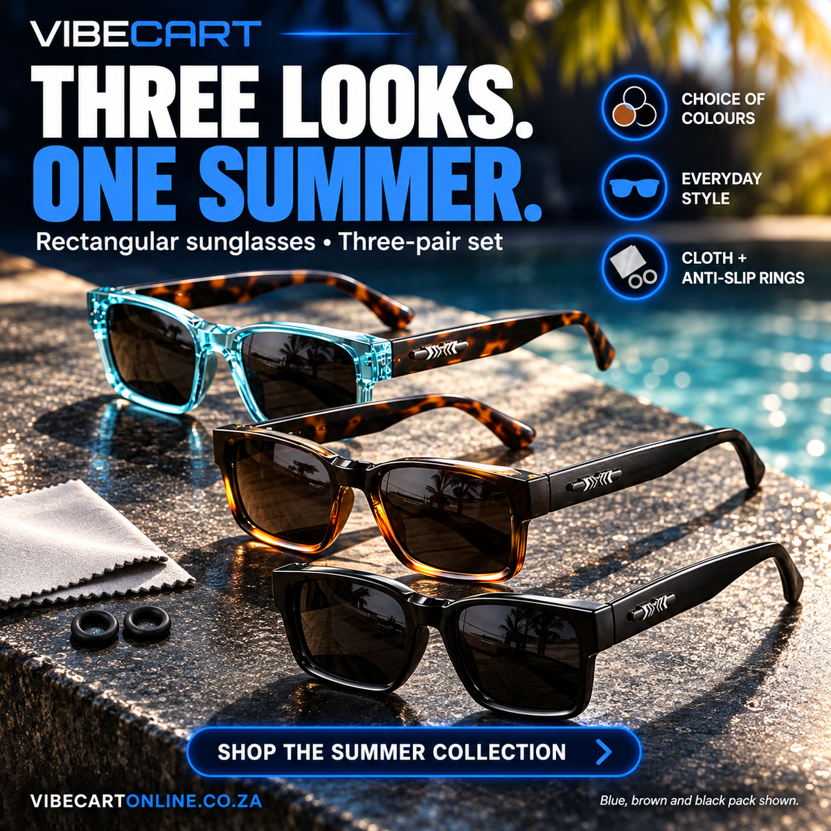 Three-pair rectangular sunglasses set in blue, brown and black for summer