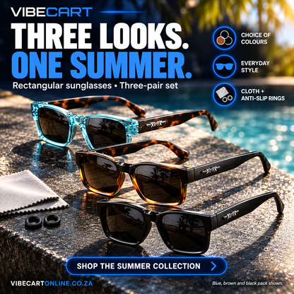 Three-pair rectangular sunglasses set in blue, brown and black for summer
