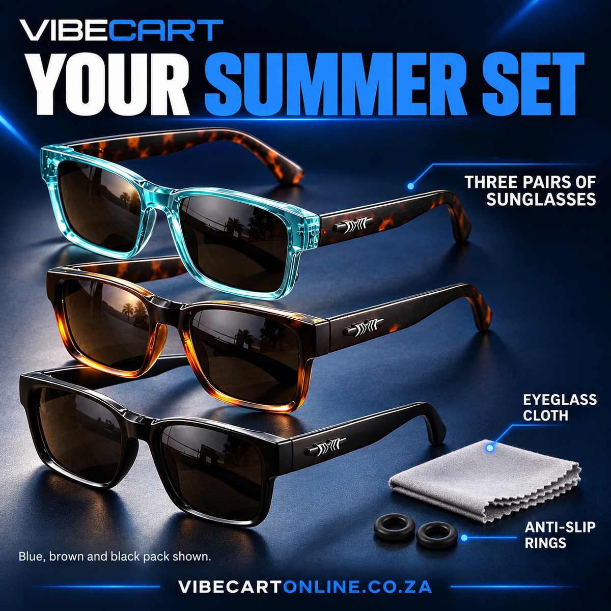 Included sunglasses, eyeglass cloth and anti-slip rings