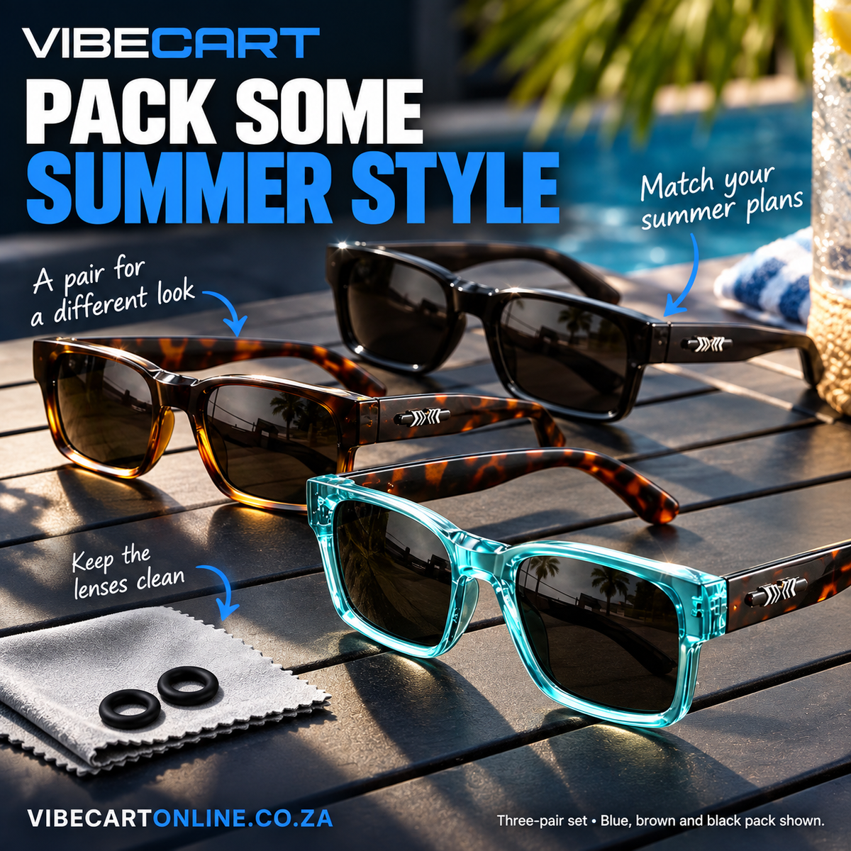 Summer sunglasses with everyday style and cleaning annotations