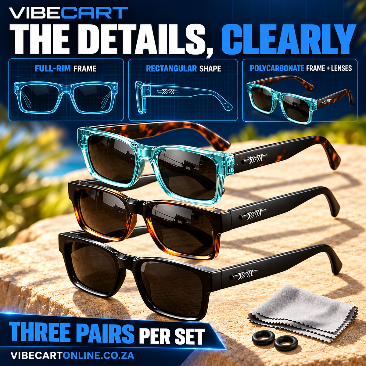 Rectangular full-rim sunglasses with polycarbonate frame and lens feature map