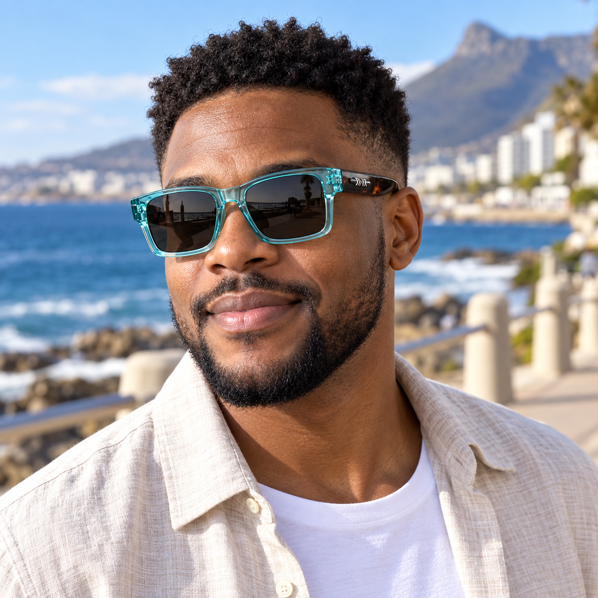 Thabo wearing turquoise rectangular sunglasses on a sunny coastal promenade