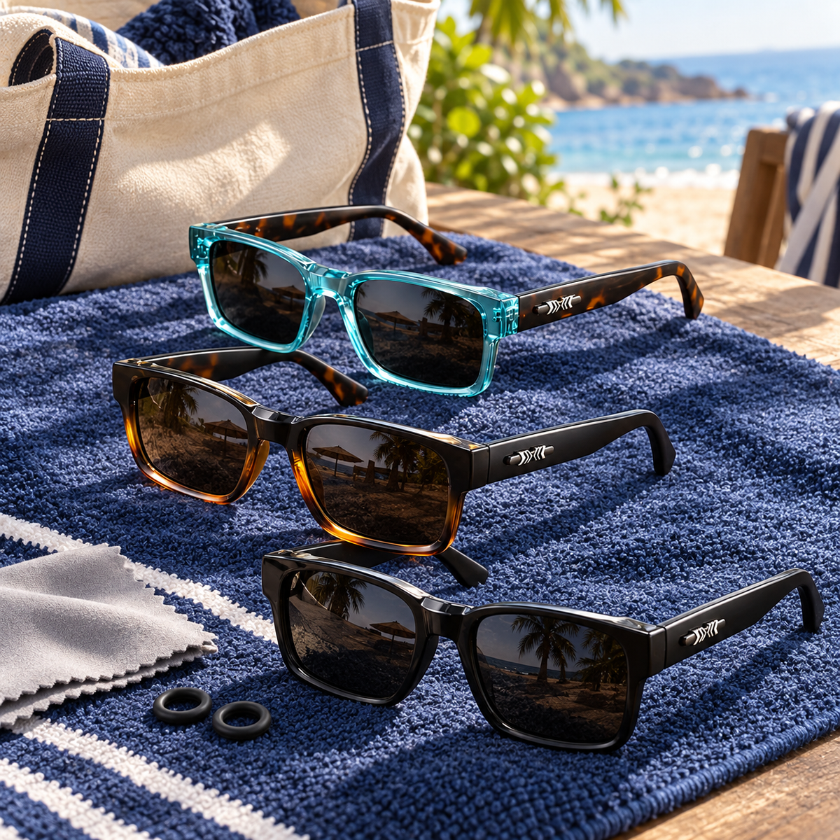 Three sunglasses pairs on a beach towel beside a tote, styling props not included