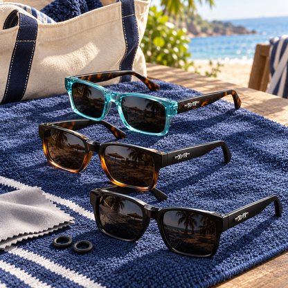 Three sunglasses pairs on a beach towel beside a tote, styling props not included