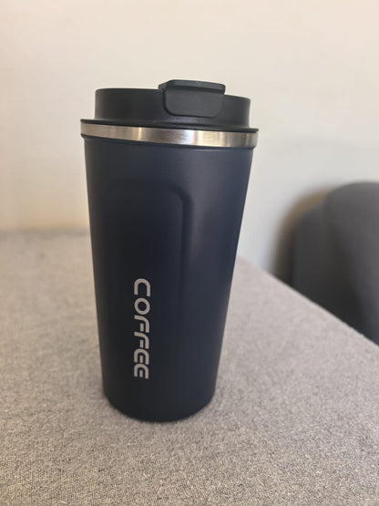 Dark blue stainless steel insulated travel coffee mug with lid