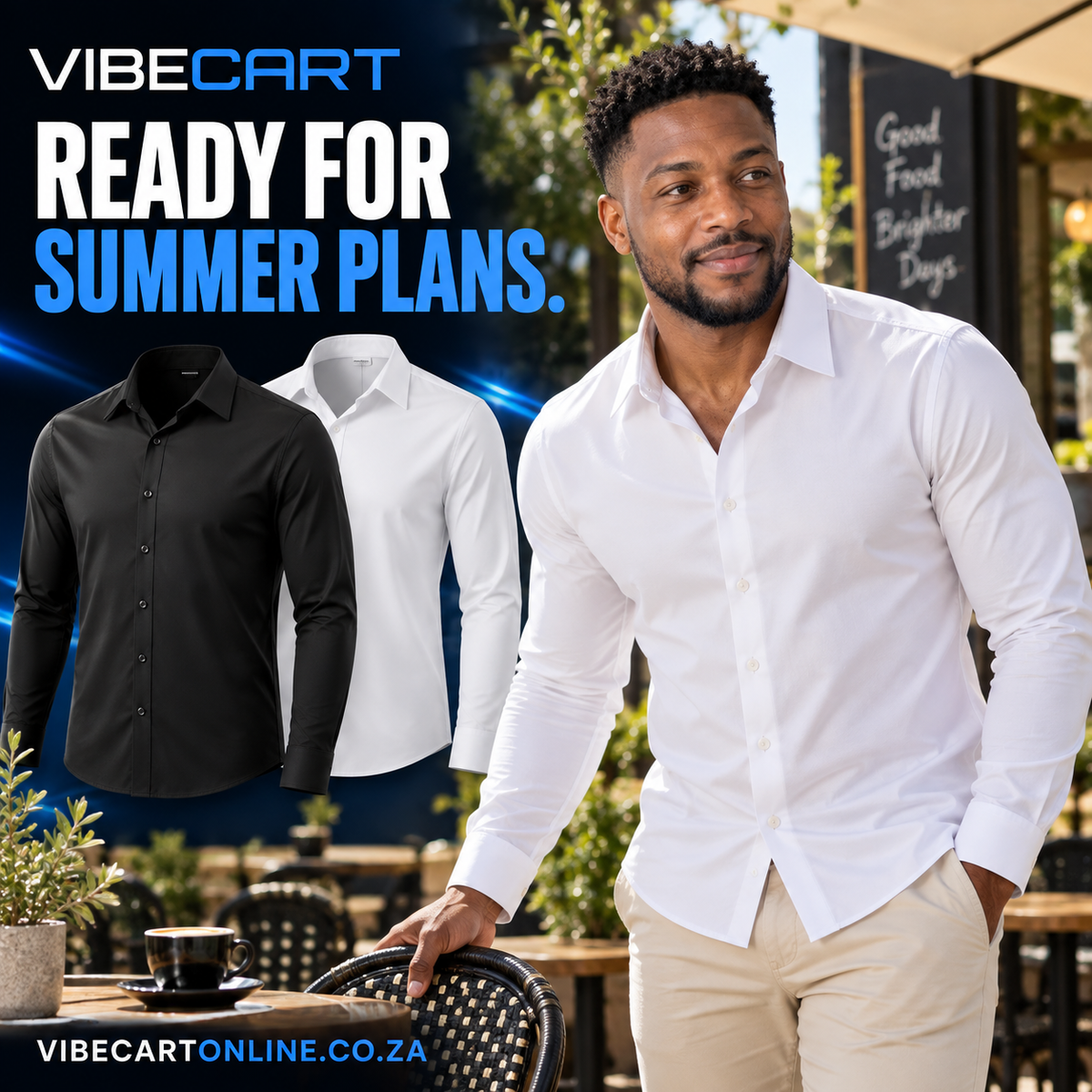 Thabo wearing the white shirt at an outdoor cafe