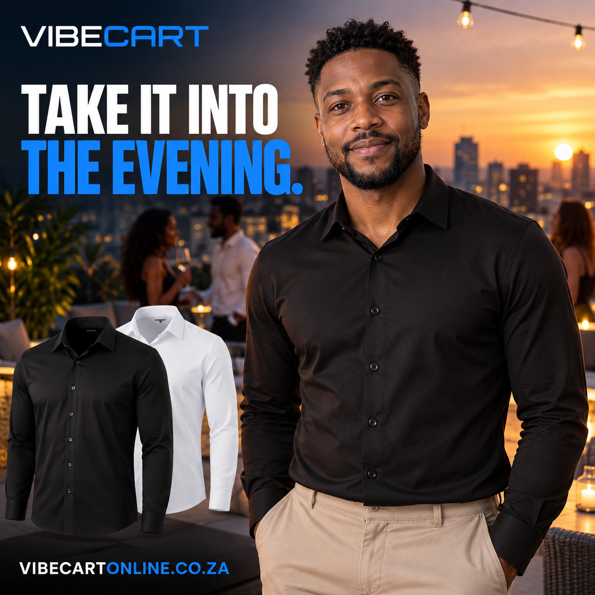 Thabo wearing the black shirt at a summer evening gathering