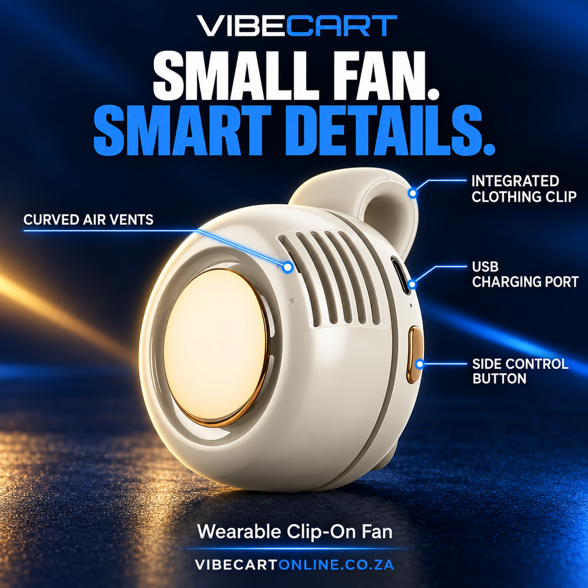 Exterior callouts showing the fan clip, vents, charging port and control button